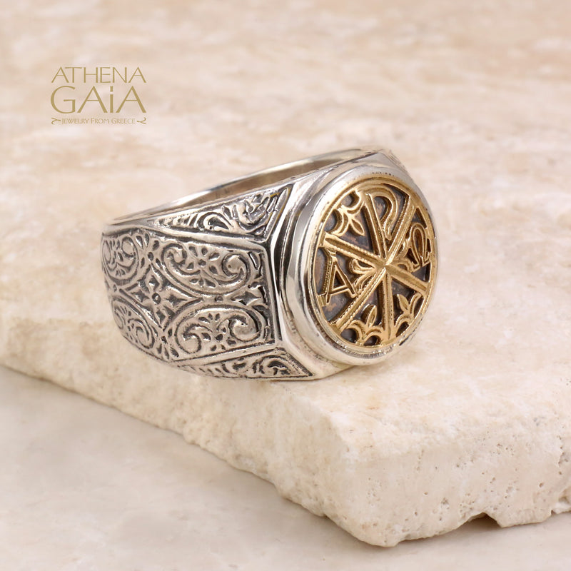 Chi-Rho Mens Club Ring - 18k Gold & Sterling Silver Ring - Signet Ring