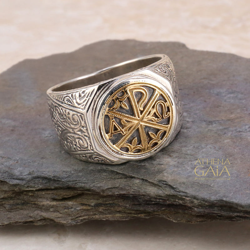 Chi-Rho Mens Club Ring - 18k Gold & Sterling Silver Ring - Signet Ring