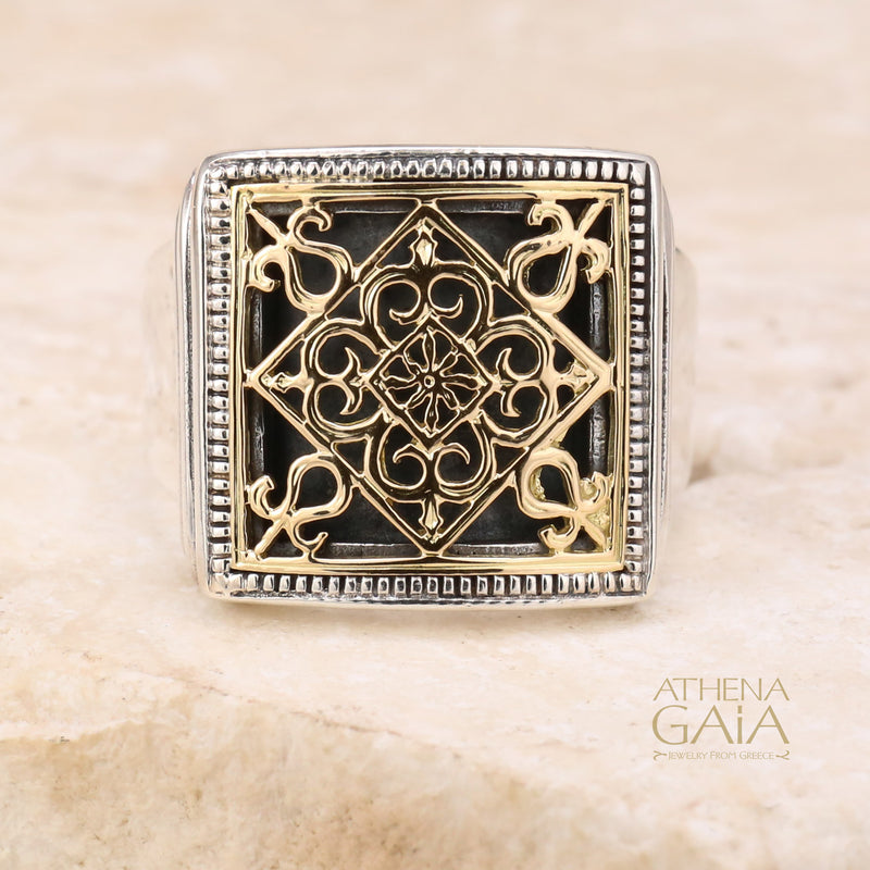 Monastiraki Church Garden Gates Ring - 18k Gold & Sterling Silver Ring - Club Ring