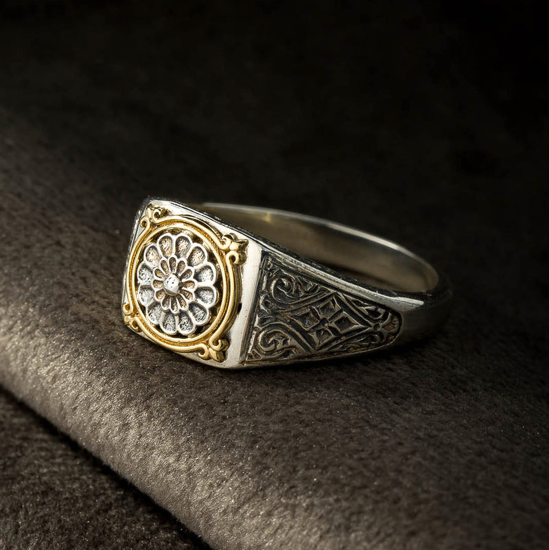 Alexander Rosette Ring - 18k Gold & Sterling Silver Ring - Signet Ring