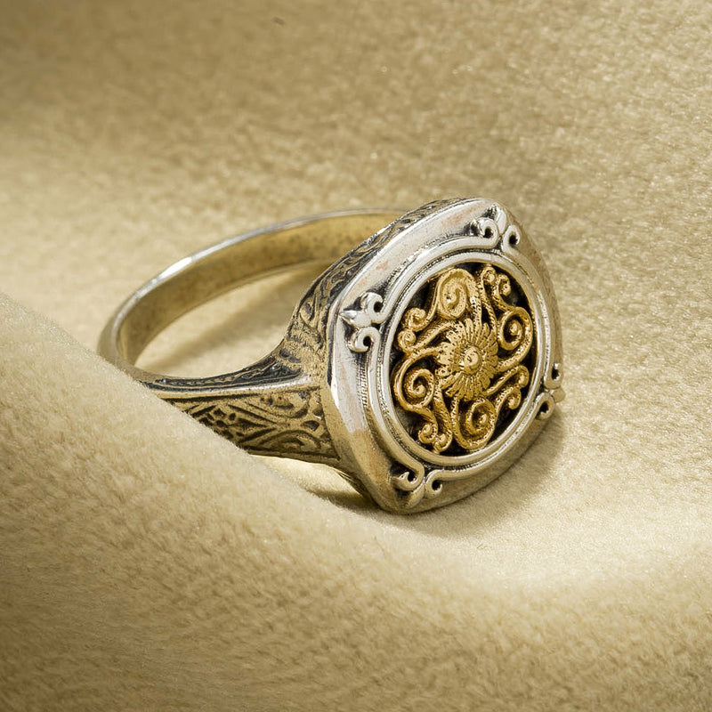 Alexander Spiral Flower Ring - 18k Gold & Sterling Silver Ring - Signet Ring