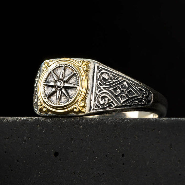 Vergina Square Sun Ring - 18k Gold & Sterling Silver - Signet Ring