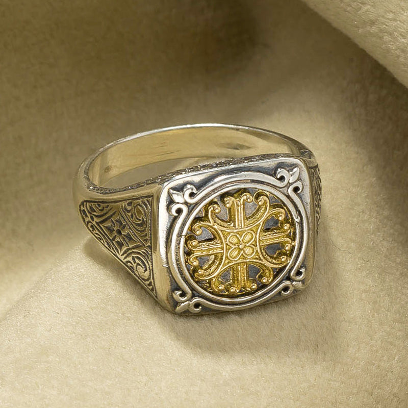 Alexander Vergina Flower Ring - 18k Gold & Sterling Silver Ring - Signet Ring