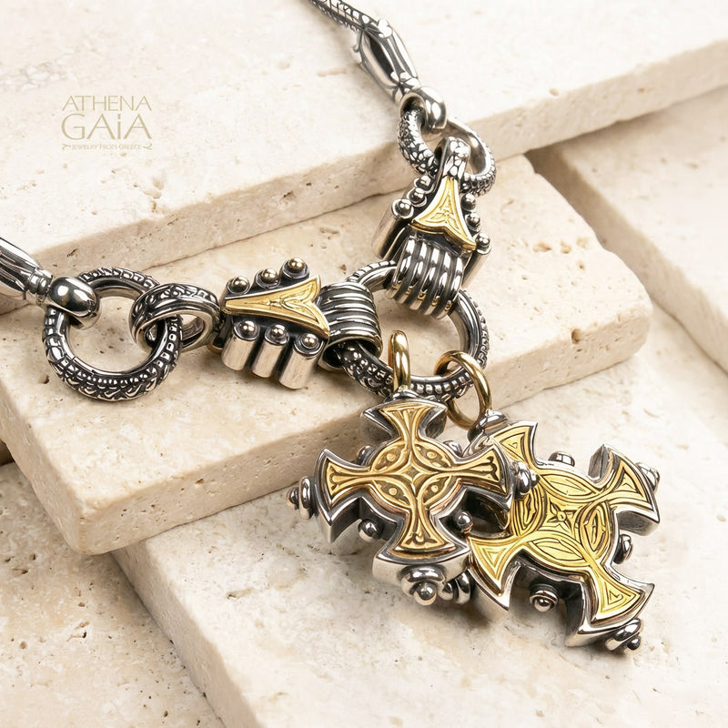 Mother and Child Rustic Maltese Crosses Necklace - 18k Gold & Sterling Silver - Cross Necklace