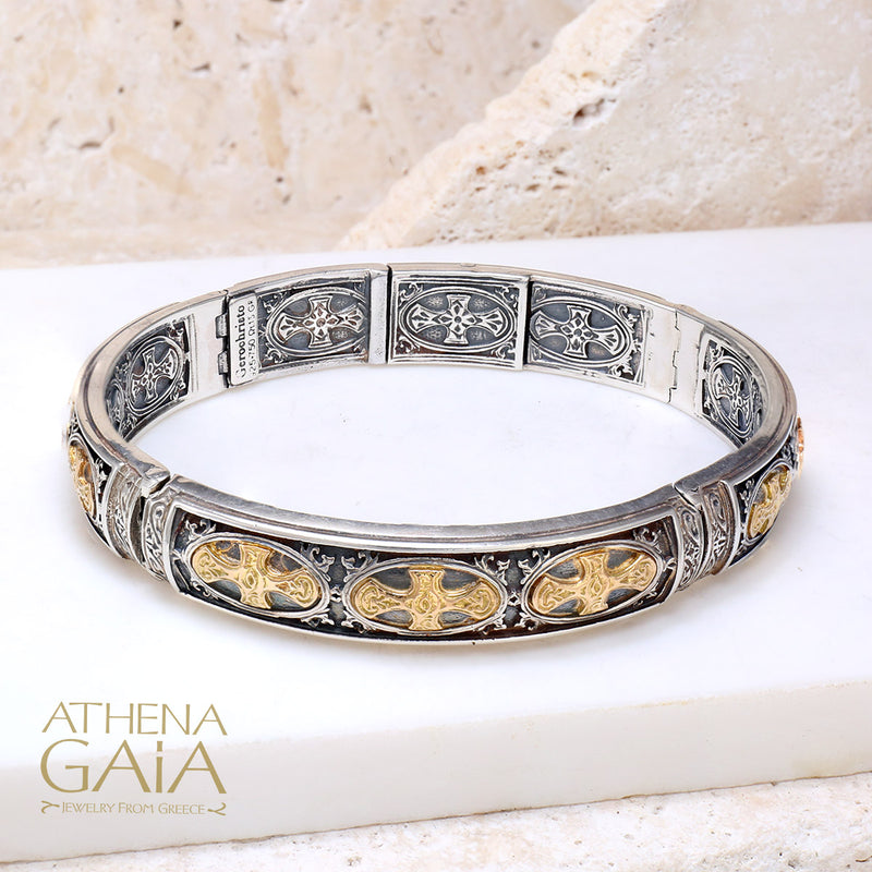 Patmos Crosses Bracelet - 18k Gold & Sterling Silver Bracelet - Hinged Bangle Bracelet