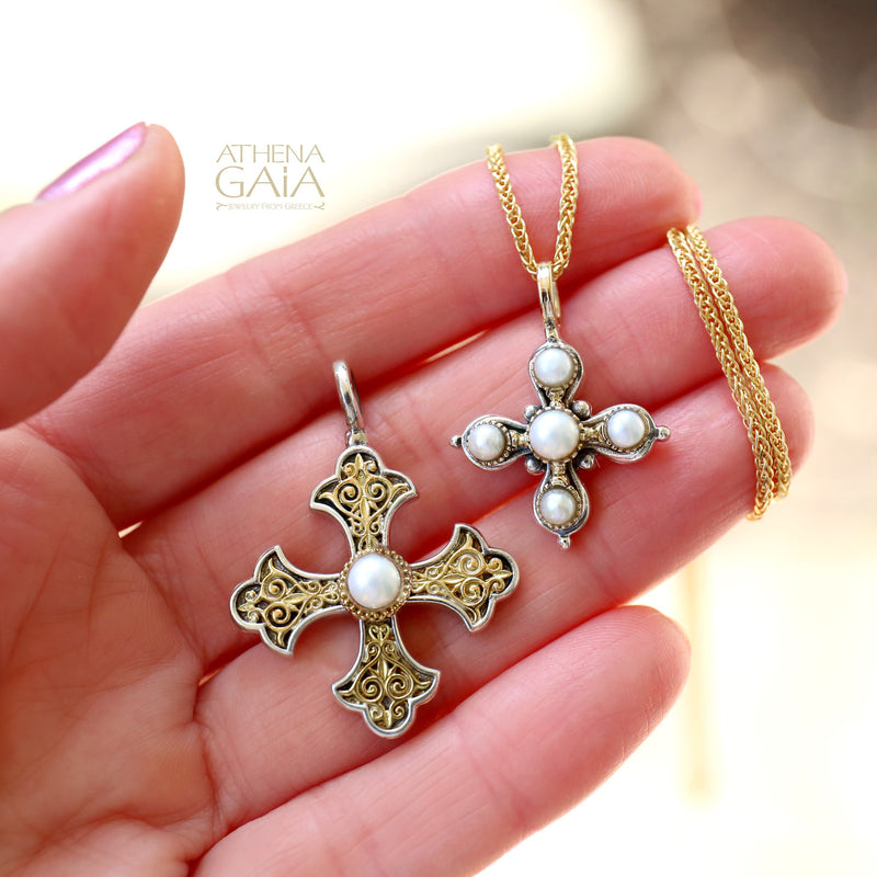Aretousa Elevated Pearl Pomme Cross - 18k Gold and Sterling Silver - Cross Necklace