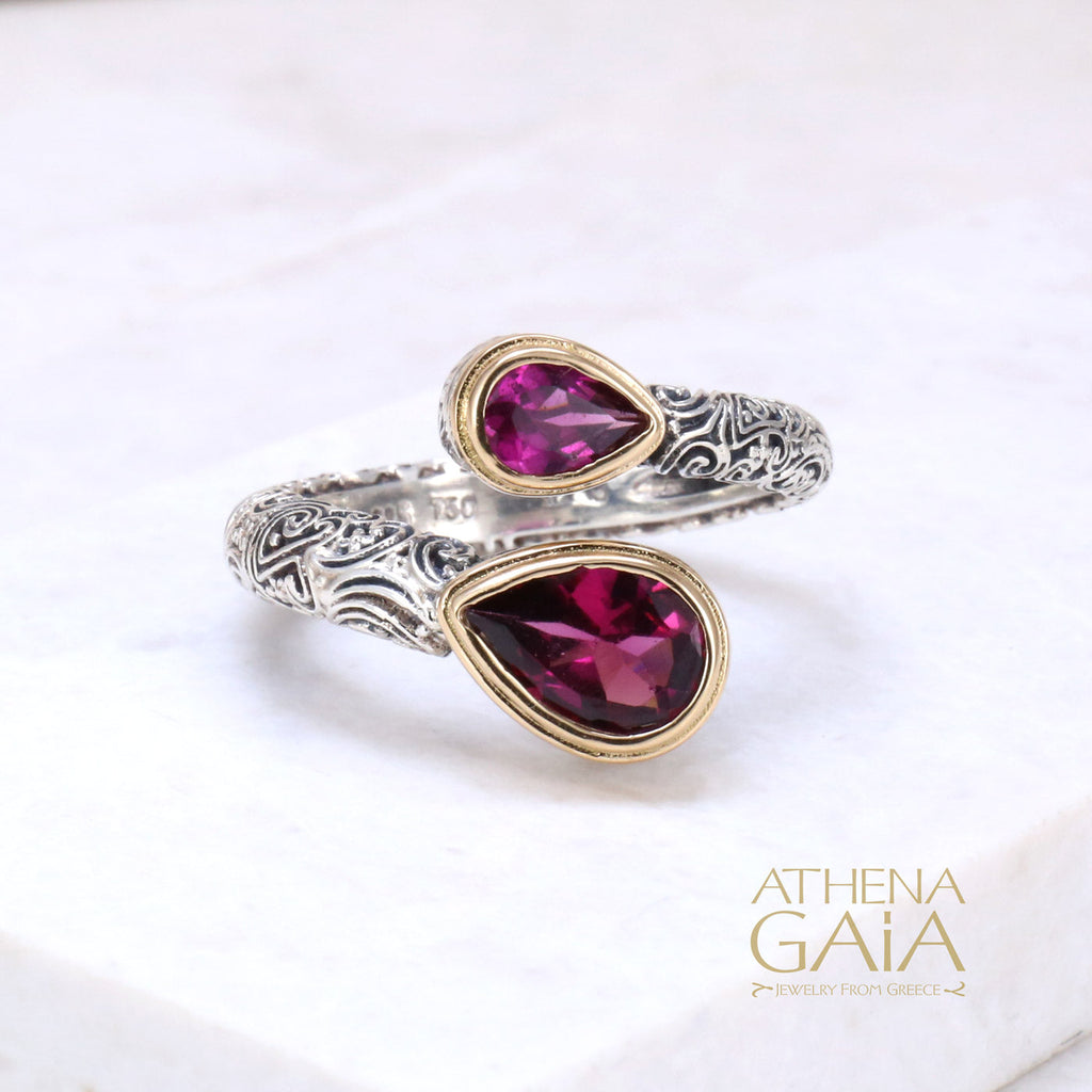 Meadow Breeze Double Teardrop Wrap Ring Size 7.5 Rhodolite (In-Stock)