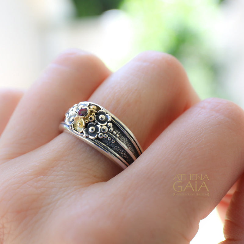 Kassandra Flower Ring – Solid 18k Gold & 925 Sterling Silver with Ruby Gemstone