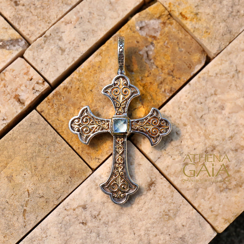 Aretousa Stone Fleury Cross (Medium) - 18k Gold & Sterling Silver - Orthodox Cross