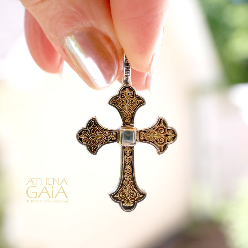 Aretousa Stone Fleury Cross (Medium) - 18k Gold & Sterling Silver - Orthodox Cross