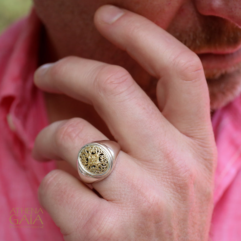 Simplicity Oval Ring - 18k Gold & Sterling Silver Ring - Signet Ring