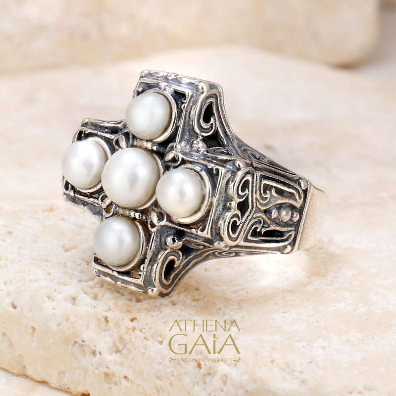 Pearl Eastern Cross Ring - Sterling Silver Ring - Cocktail Ring