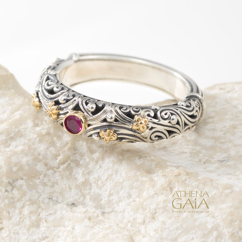 Kynthia Round Stone Band Ring - 18k Gold & Sterling Silver Ring - Stackable Ring