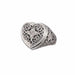 Silver heart-shaped ring with intricate designs