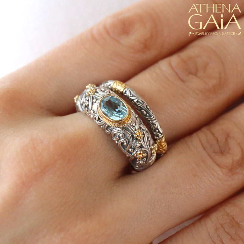 Meadow Breeze Large Stone Classic 2-Ring Stack - 18k Gold & Sterling Silver Ring - Stackable Ring