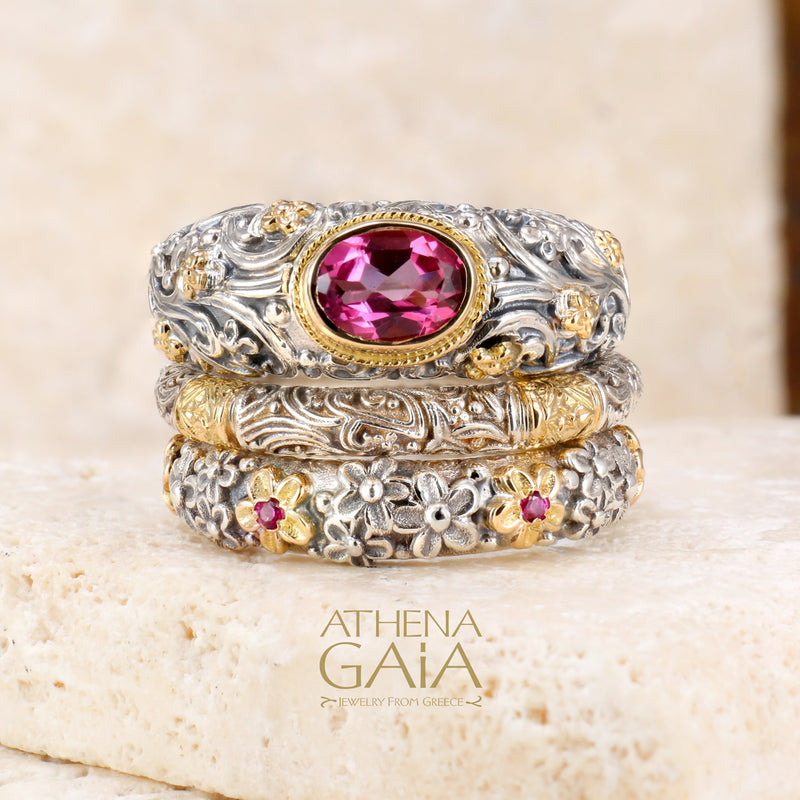 3-Ring Meadow Breeze Color Classic Triple Stack - 18k Gold & Sterling Silver Ring - Stackable Ring