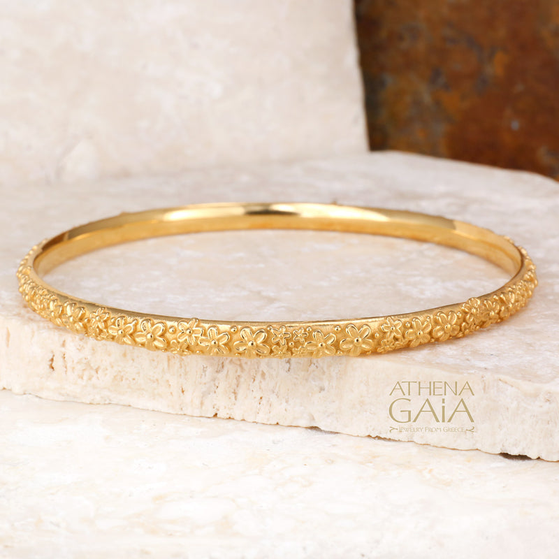 Wild Flowers Thin Bracelet - Sterling Silver - Solid Bangle Bracelet