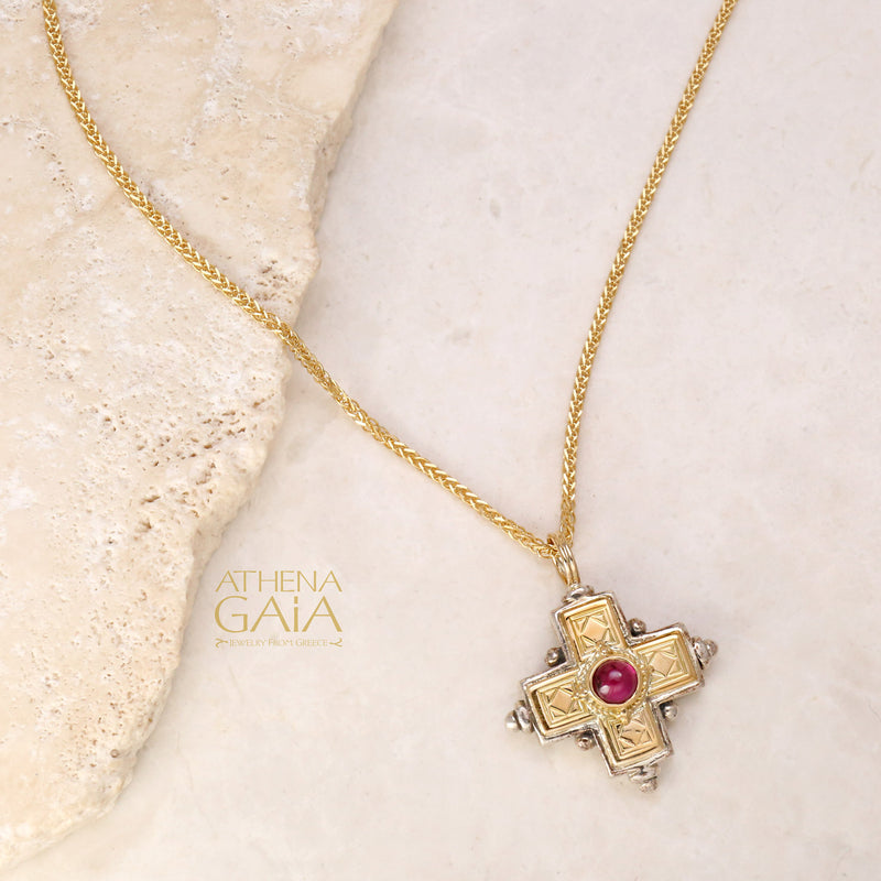 Rustic Stone Cross (Large) - 18k Gold & Sterling Silver - Greek Cross Necklace