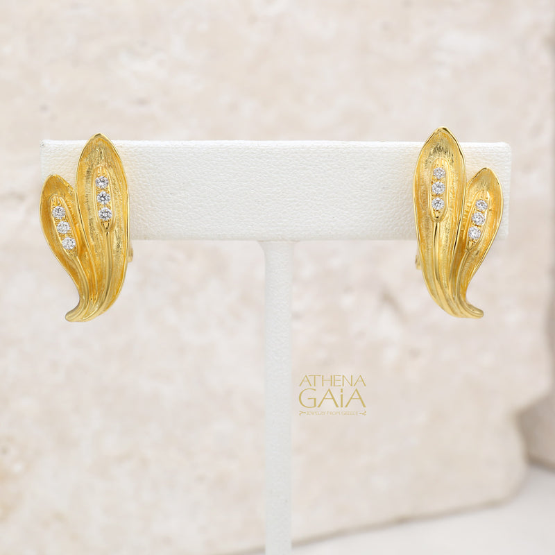 Golden Peonies Diamond Earrings - 18k Gold Earrings - Omega Clip Earrings
