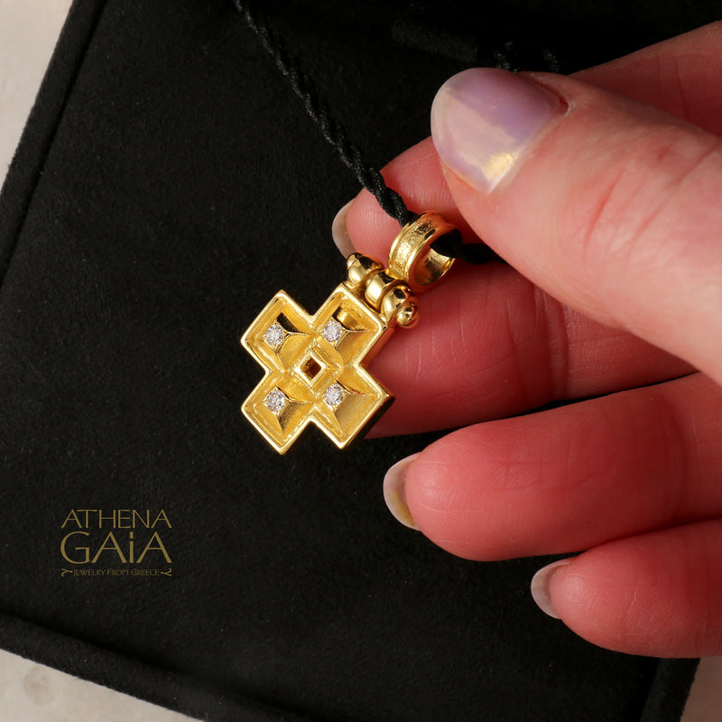 Shadow and Light 4 Diamond Greek Cross - 18k Gold - Orthodox Cross