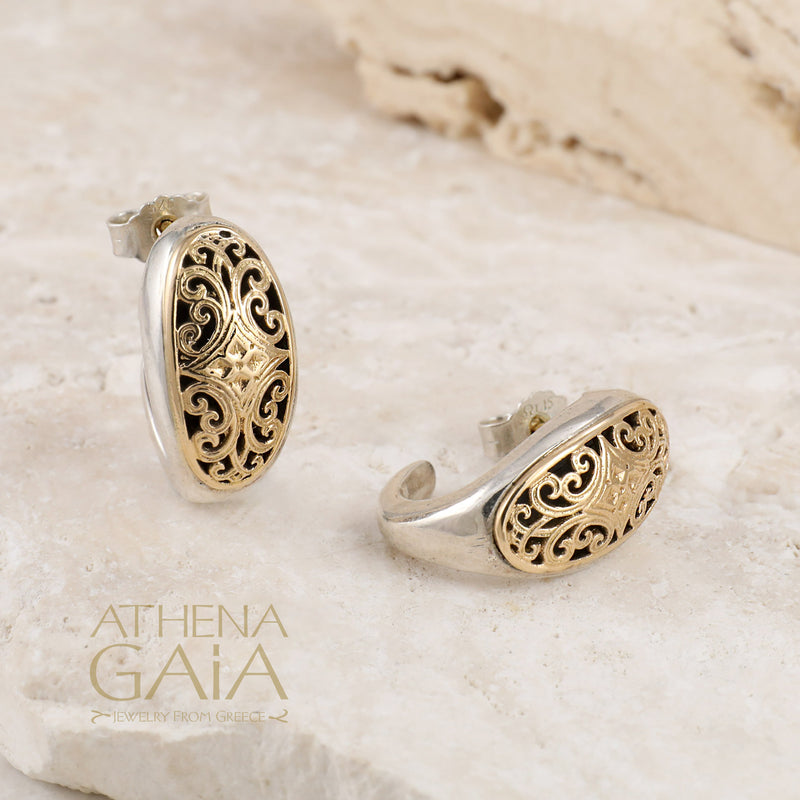 Filigree Half Hoop Post Earrings - 18k Gold & Sterling Silver Hoop Earrings