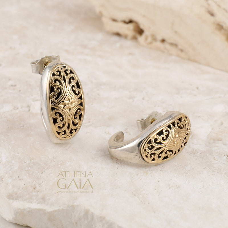 Filigree Half Hoop Post Earrings - 18k Gold & Sterling Silver Hoop Earrings