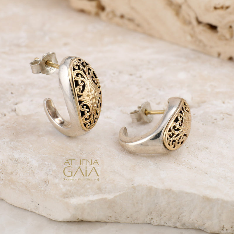 Filigree Half Hoop Post Earrings - 18k Gold & Sterling Silver Hoop Earrings