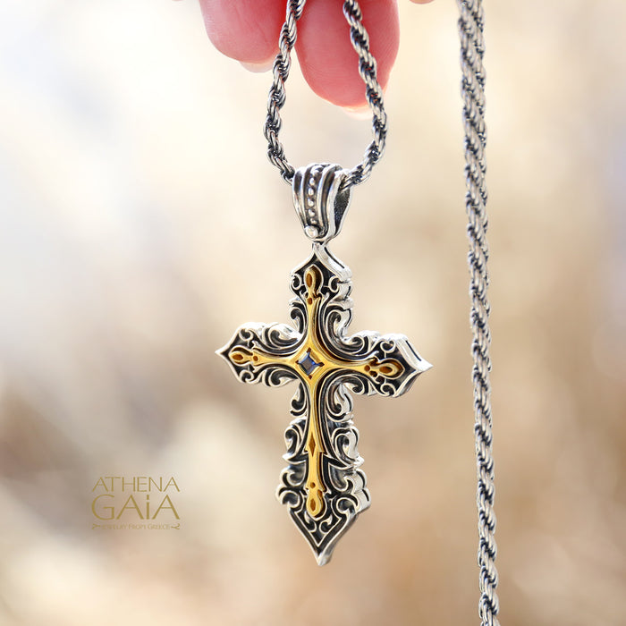 Golden Light Latin Cross - 18k Gold & Sterling Silver - Orthodox Cross Necklace