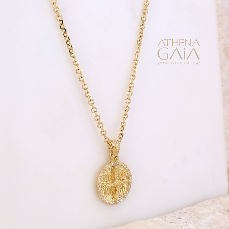 ICXC NIKA Circular Stone Edged Konstantinata Cross - 14k Gold