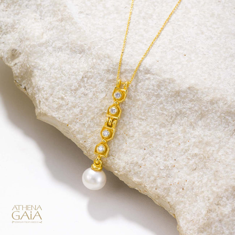 Byzantine Pearl Column Pendant Necklace - 18k Gold & Diamonds Necklace