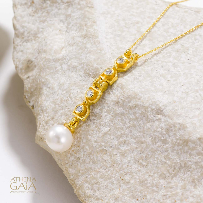Byzantine Pearl Column Pendant Necklace - 18k Gold & Diamonds Necklace