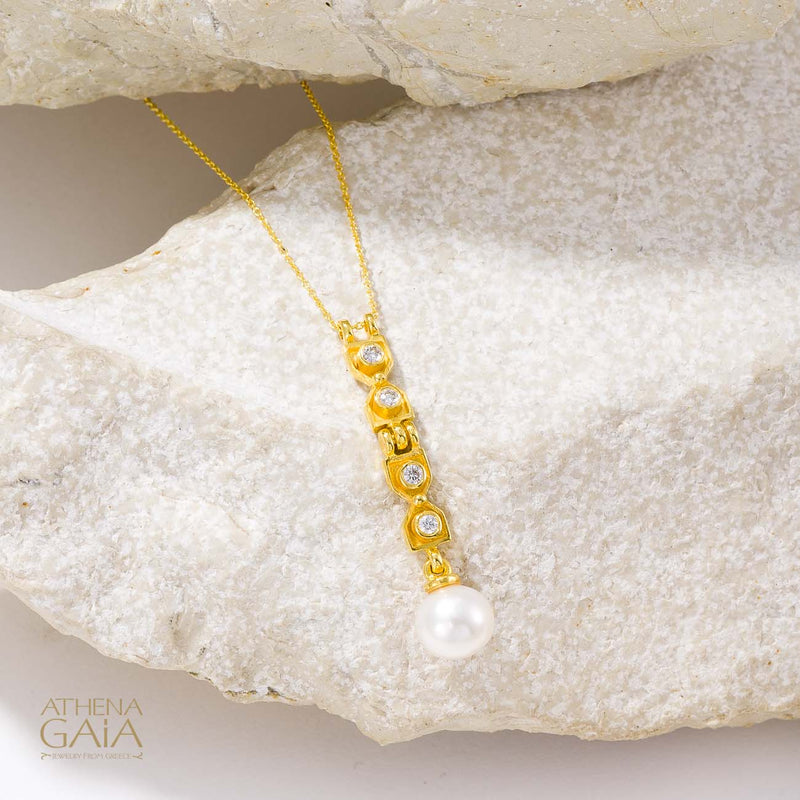 Byzantine Pearl Column Pendant Necklace - 18k Gold & Diamonds Necklace