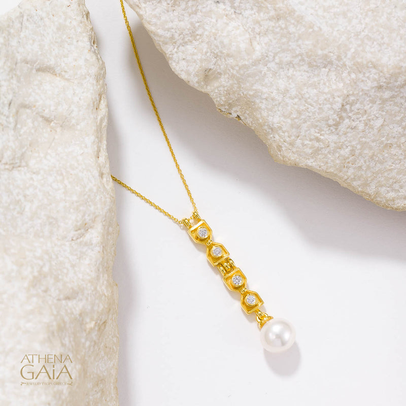Byzantine Pearl Column Pendant Necklace - 18k Gold & Diamonds Necklace
