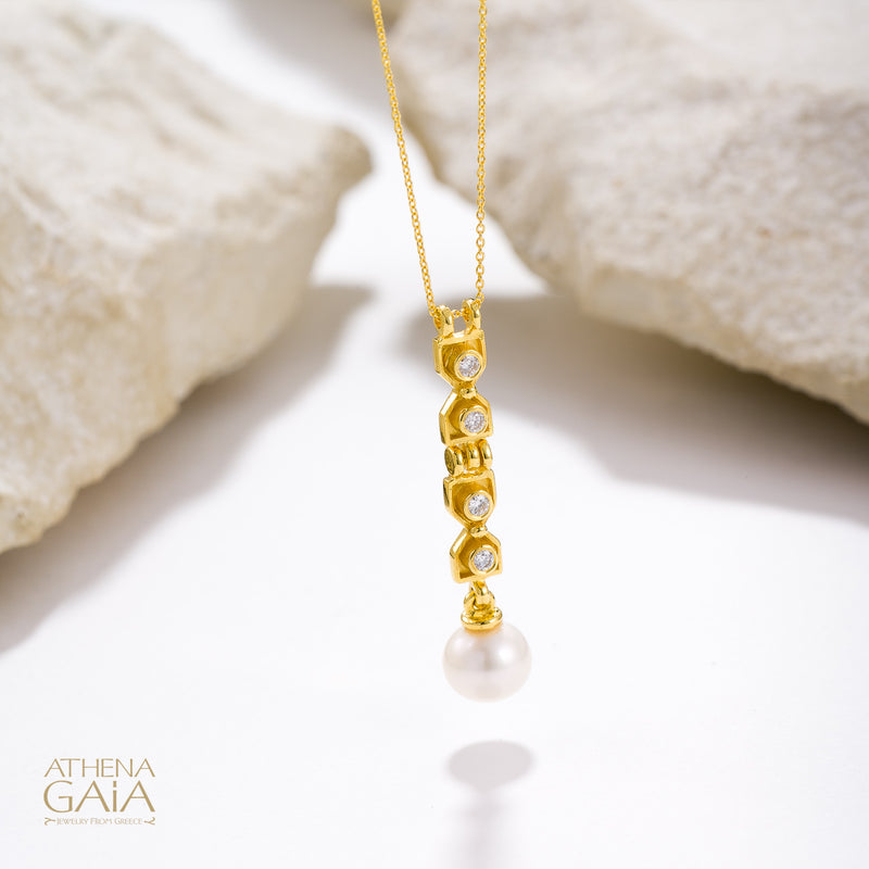 Byzantine Pearl Column Pendant Necklace - 18k Gold & Diamonds Necklace