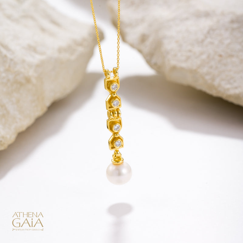 Byzantine Pearl Column Pendant Necklace - 18k Gold & Diamonds Necklace