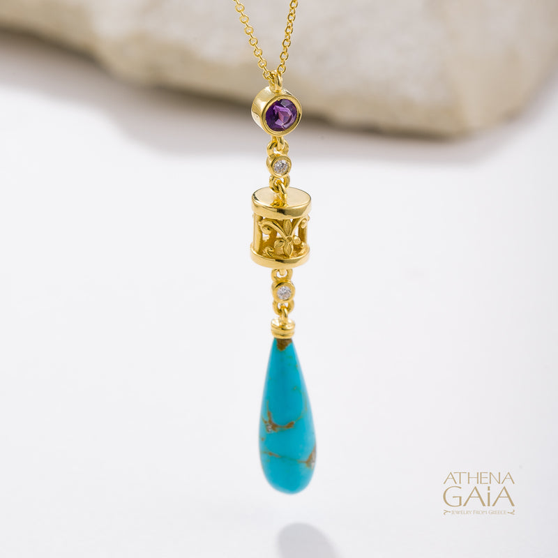 River Turquoise Drop Necklace - 18k Gold & Diamonds Necklace