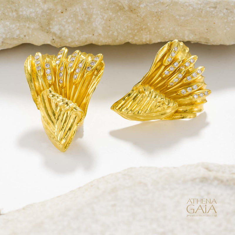 Golden Peonies Earrings - 18k Gold Earrings - Omega Clip Earrings