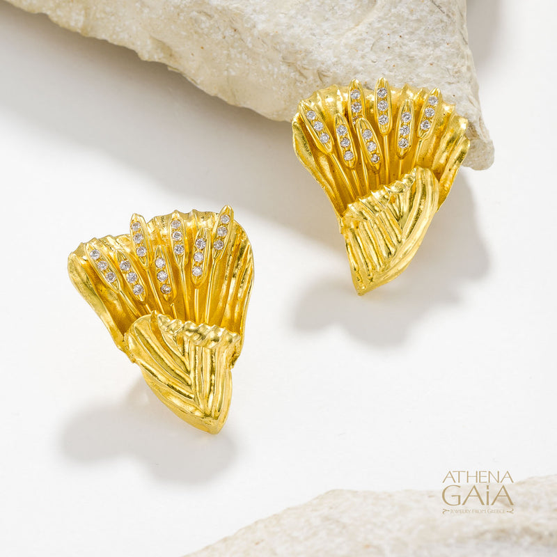 Golden Peonies Earrings - 18k Gold Earrings - Omega Clip Earrings