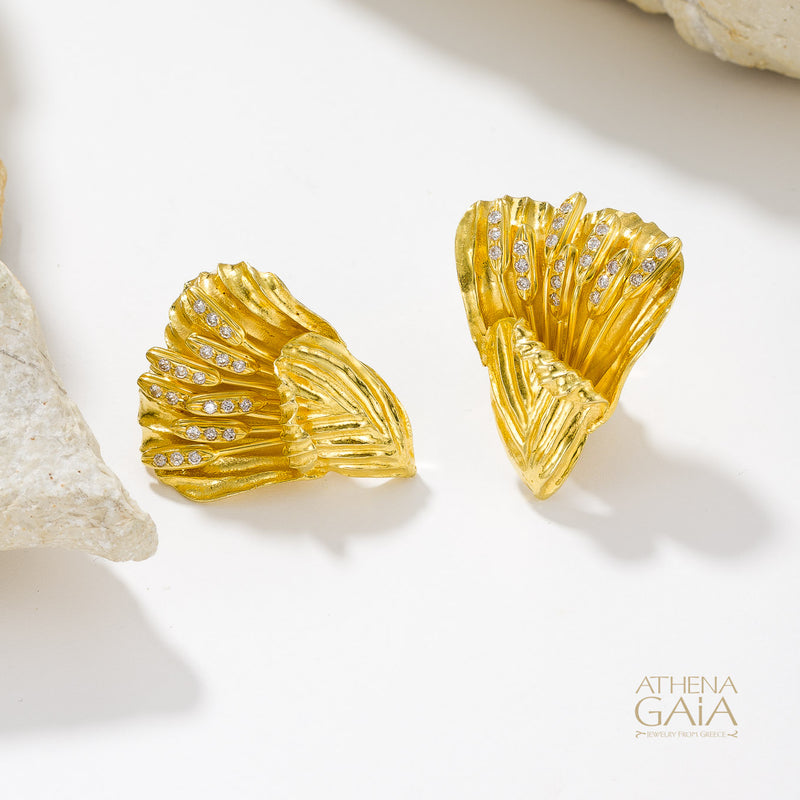 Golden Peonies Earrings - 18k Gold Earrings - Omega Clip Earrings