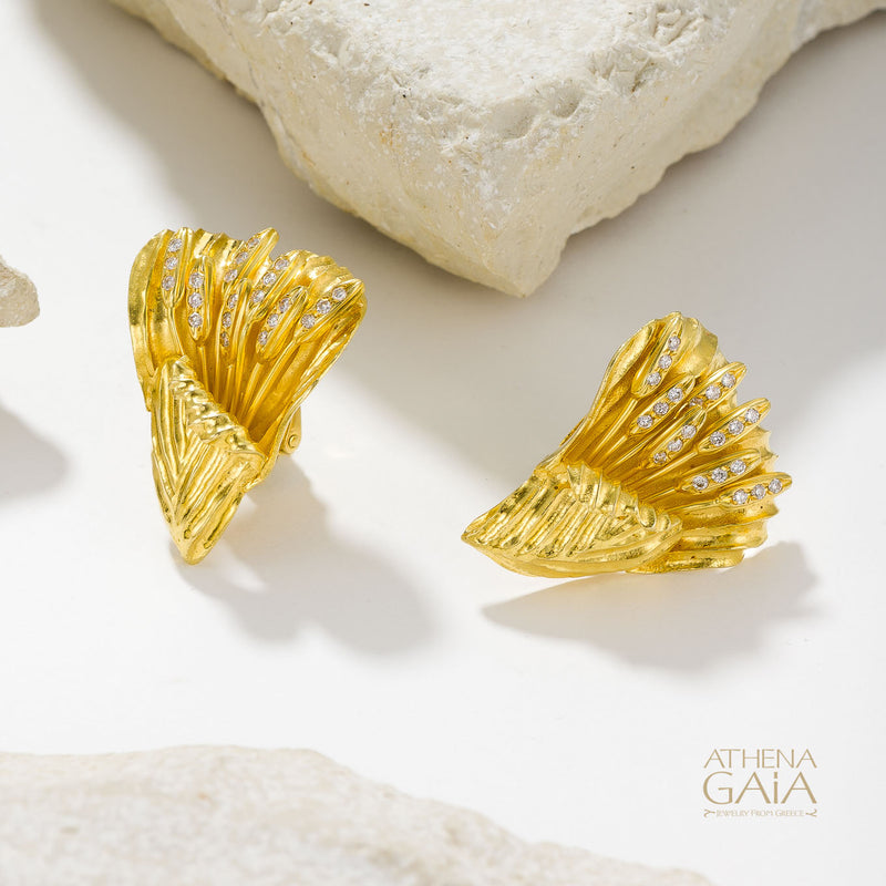 Golden Peonies Earrings - 18k Gold Earrings - Omega Clip Earrings