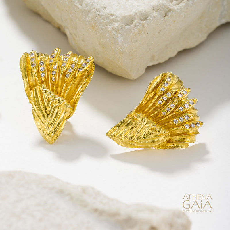 Golden Peonies Earrings - 18k Gold Earrings - Omega Clip Earrings