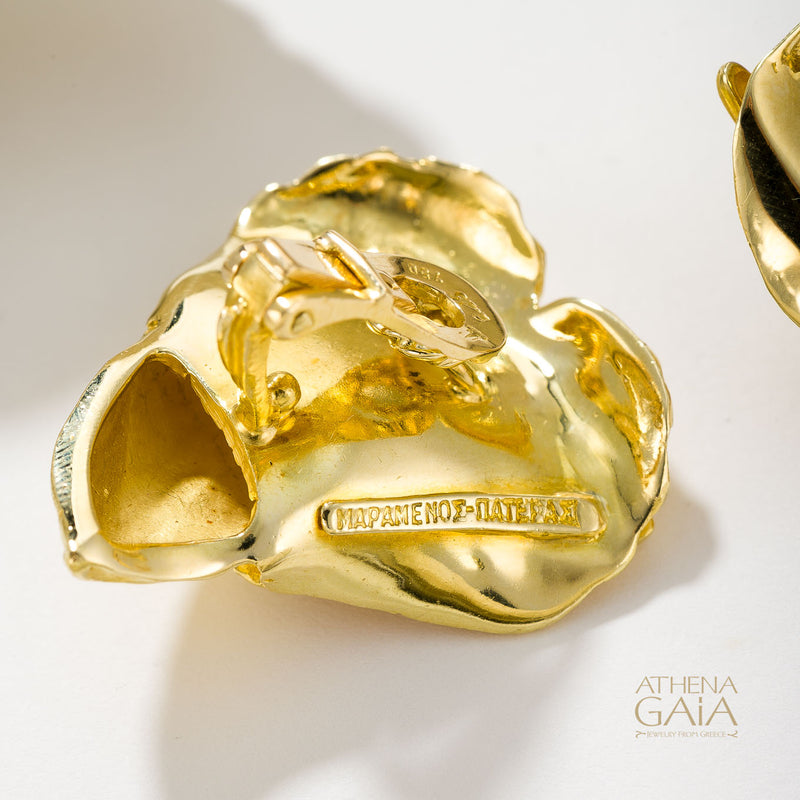 Golden Peonies Earrings - 18k Gold Earrings - Omega Clip Earrings