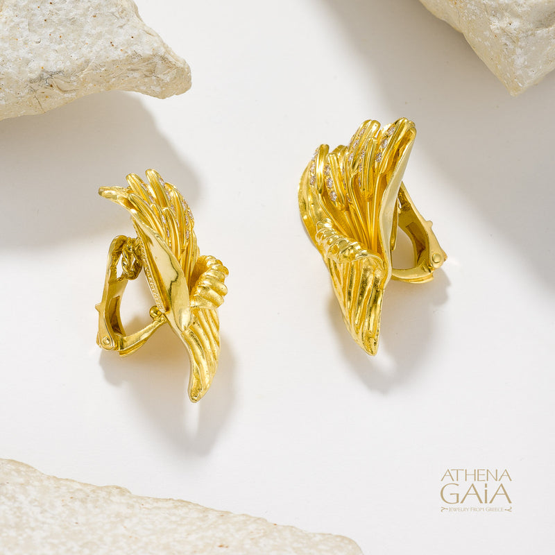 Golden Peonies Earrings - 18k Gold Earrings - Omega Clip Earrings