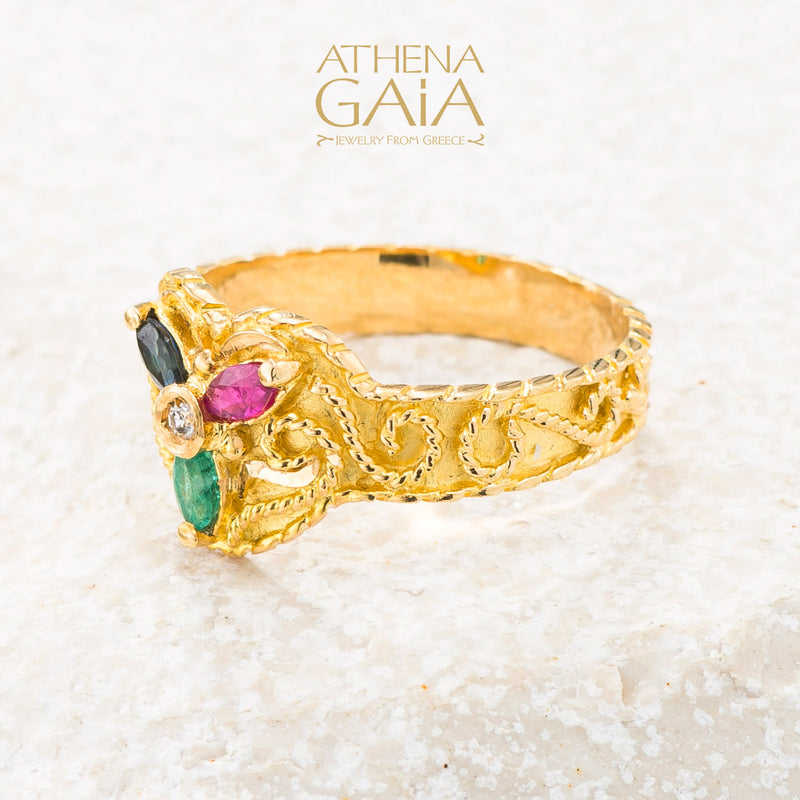 Regal Byzantine 3 Petal Ring - 18k Gold Ring