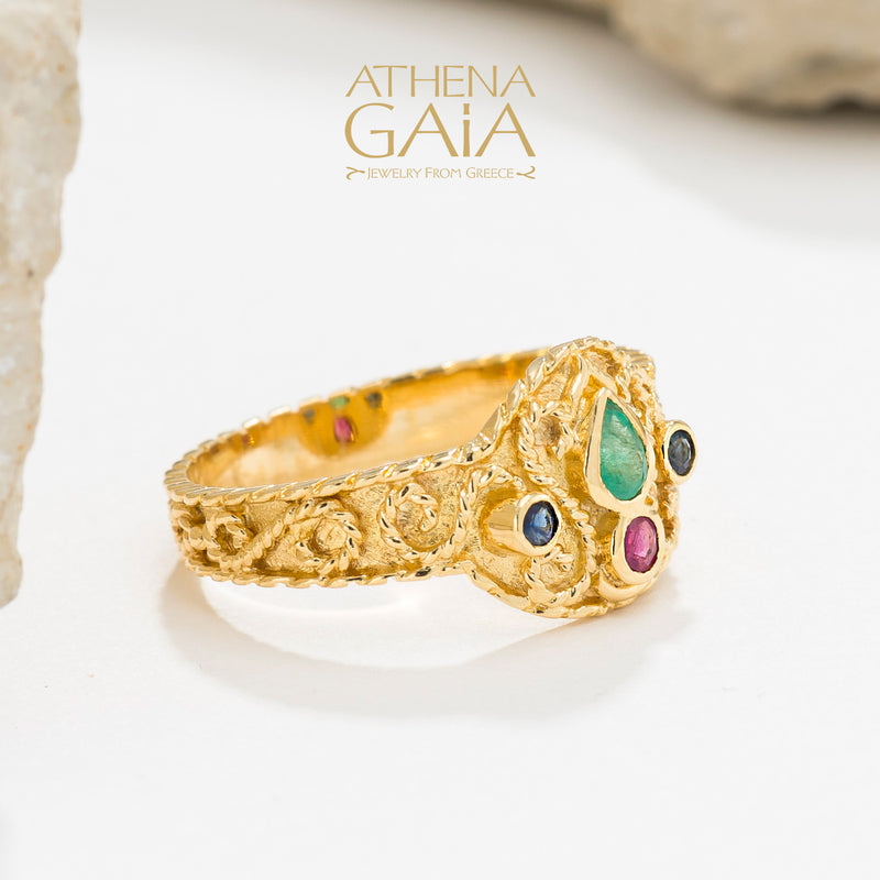 Regal Byzantine Stone Drop Ring - 18k Gold Ring