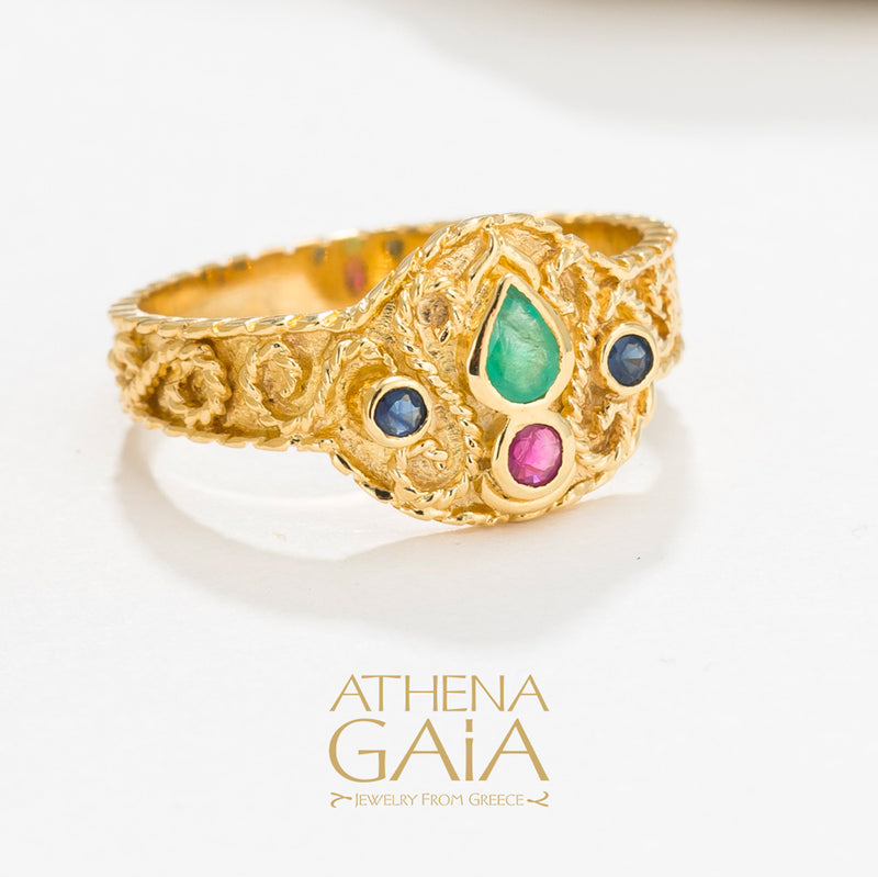 Regal Byzantine Stone Drop Ring - 18k Gold Ring