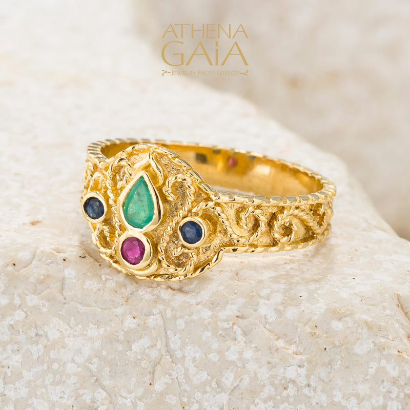 Regal Byzantine Stone Drop Ring - 18k Gold Ring