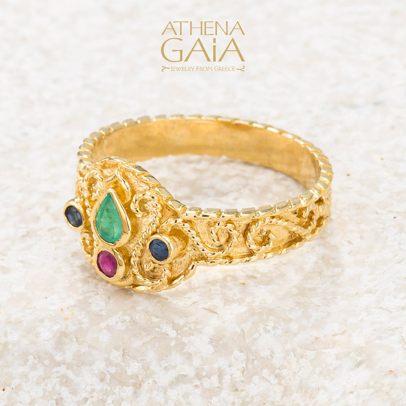 Regal Byzantine Stone Drop Ring - 18k Gold Ring
