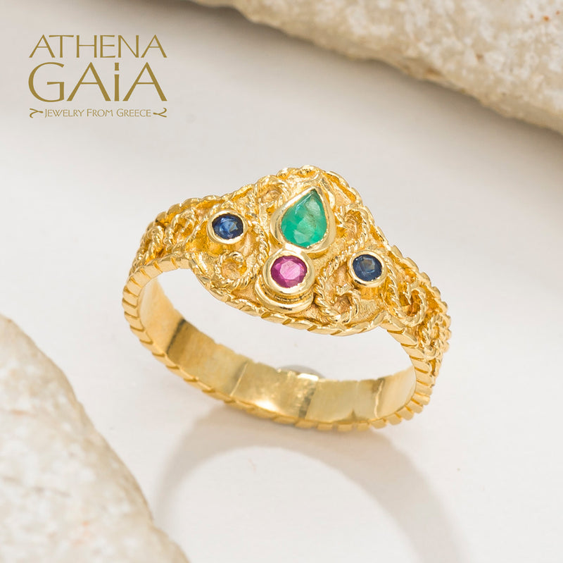 Regal Byzantine Stone Drop Ring - 18k Gold Ring
