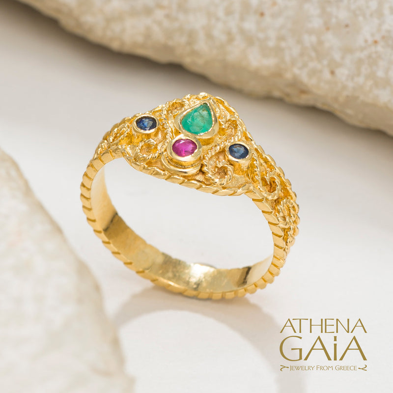 Regal Byzantine Stone Drop Ring - 18k Gold Ring